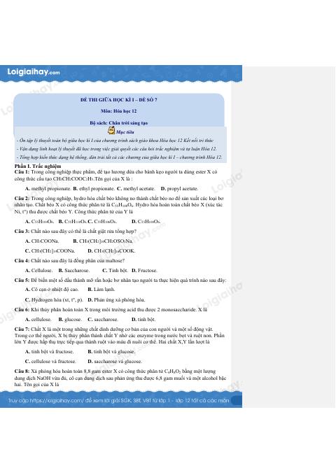Đề thi giữa kì 1 Hóa 12 Chân trời sáng tạo - Đề số 7